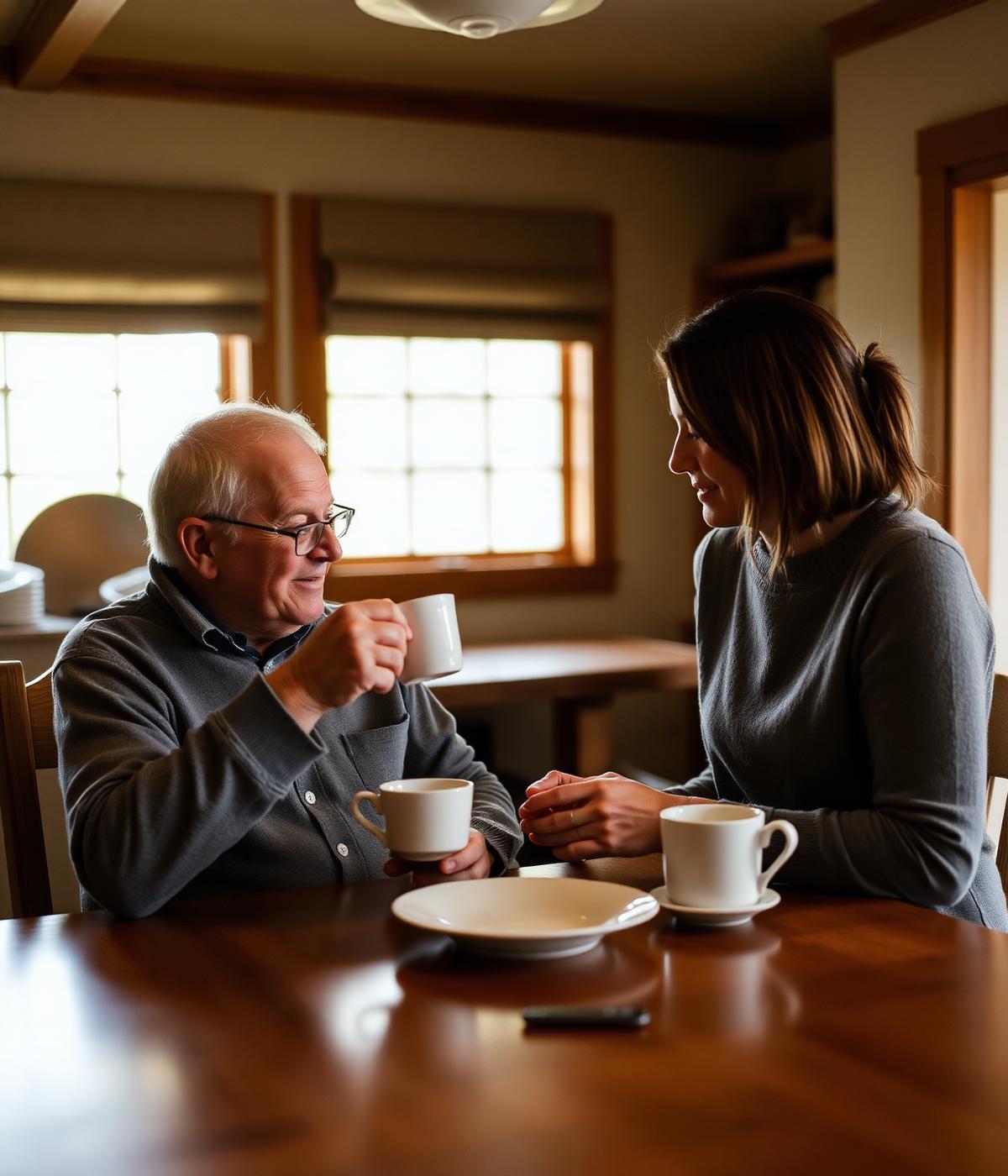 Caregiver and elderly man sharing tea at a kitchen table